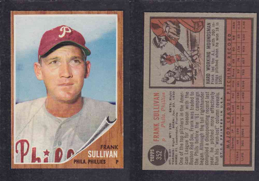 1962 TOPPS BASEBALL CARD #352 F. SULLIVAN photo 1962 TOPPS BASEBALL CARD #352 F. SULLIVAN photo