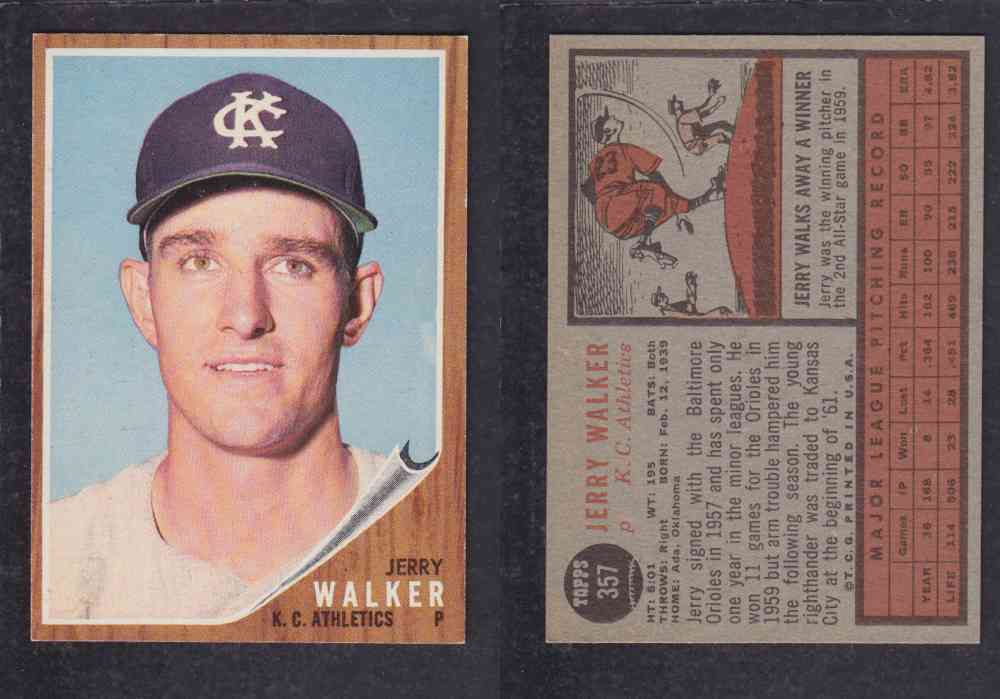 1962 TOPPS BASEBALL CARD #357 J. WALKER photo 1962 TOPPS BASEBALL CARD #357 J. WALKER photo