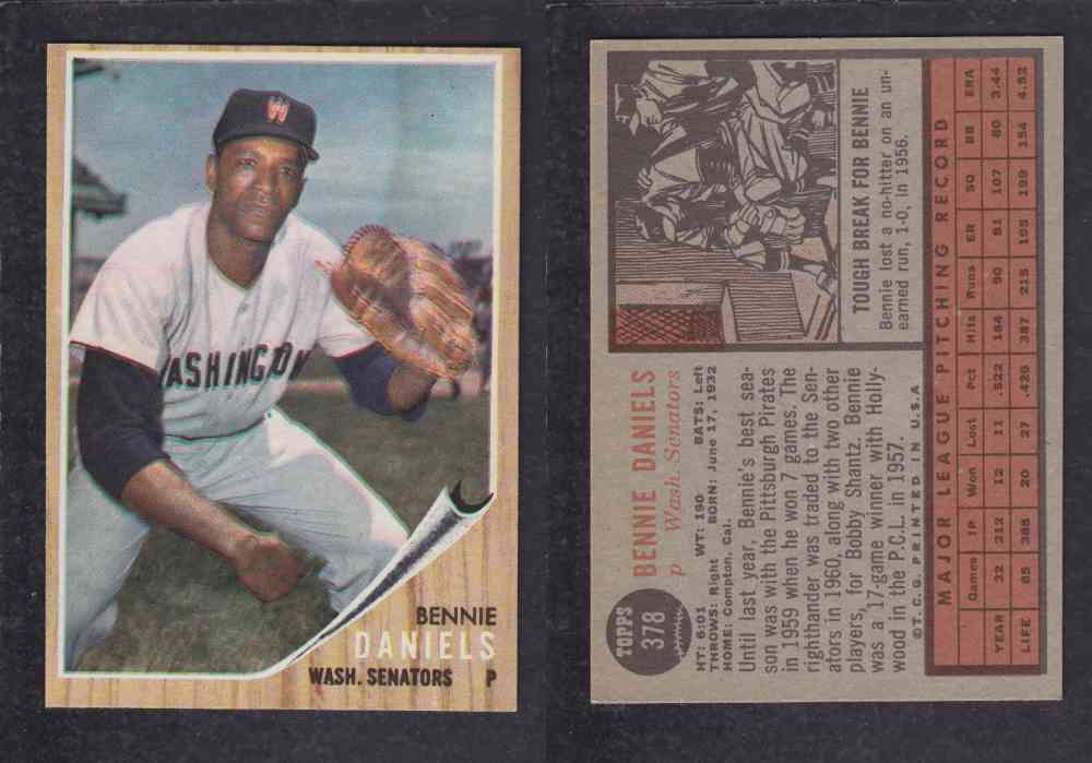 1962 TOPPS BASEBALL CARD #378 B. DANIELS photo 1962 TOPPS BASEBALL CARD #378 B. DANIELS photo