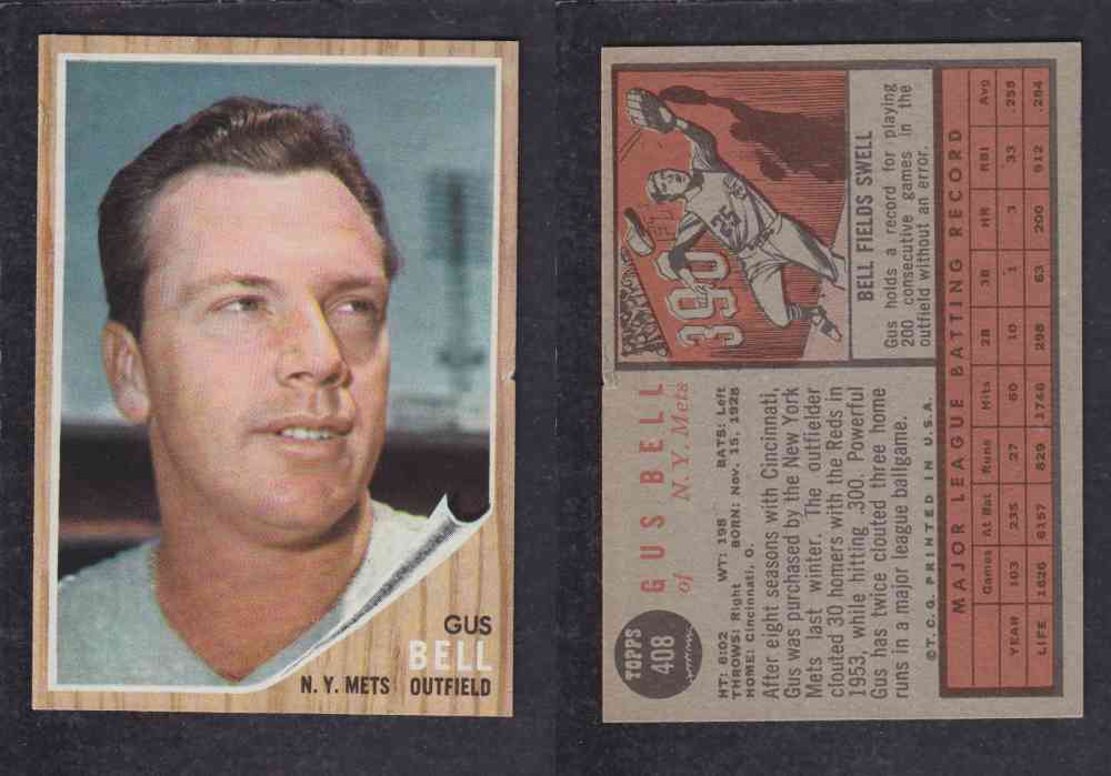 1962 TOPPS BASEBALL CARD #408 G. BELL photo 1962 TOPPS BASEBALL CARD #408 G. BELL photo