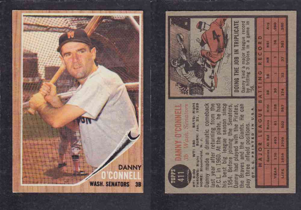 1962  TOPPS BASEBALL CARD #411  D. O`CONNELL photo