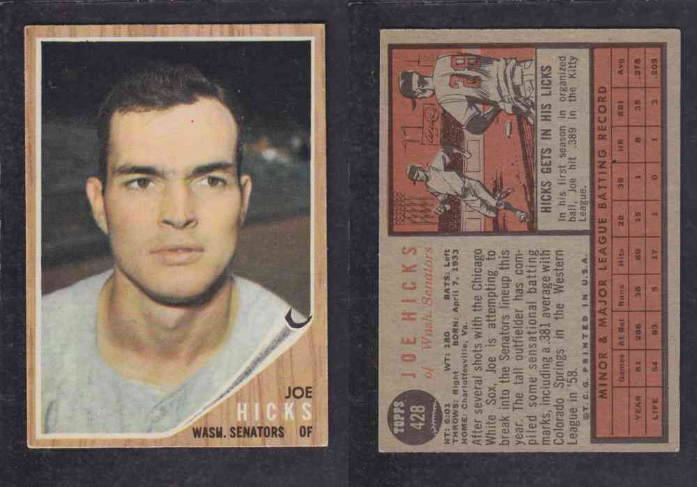 1962 TOPPS BASEBALL CARD #428 J. HICKS photo 1962 TOPPS BASEBALL CARD #428 J. HICKS photo