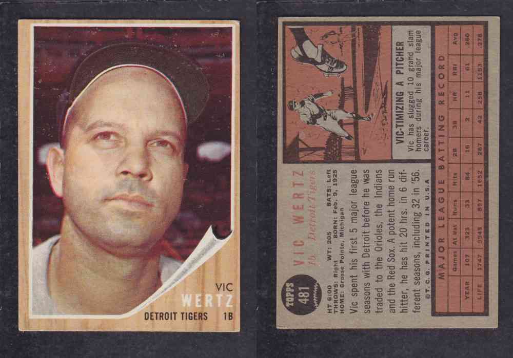 1962 TOPPS BASEBALL CARD #481 V. WERTZ photo 1962 TOPPS BASEBALL CARD #481 V. WERTZ photo
