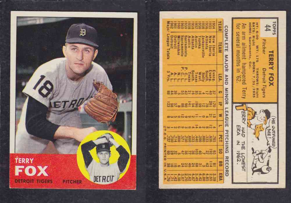 1963 TOPPS BASEBALL CARD #44 T. FOX photo 1963 TOPPS BASEBALL CARD #44 T. FOX photo