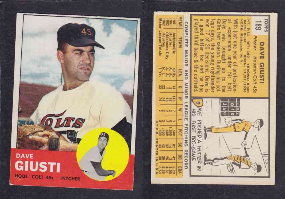 1963  TOPPS BASEBALL CARD  #189  D. GIUSTI photo