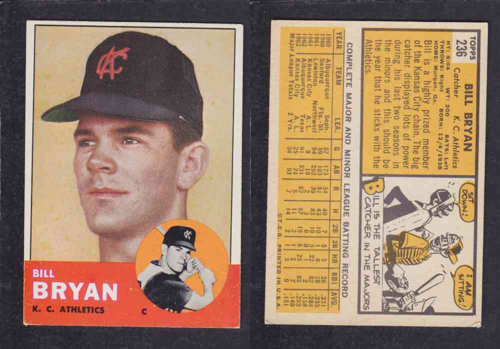 1963 TOPPS BASEBALL CARD #236 B. BRYAN photo 1963 TOPPS BASEBALL CARD #236 B. BRYAN photo