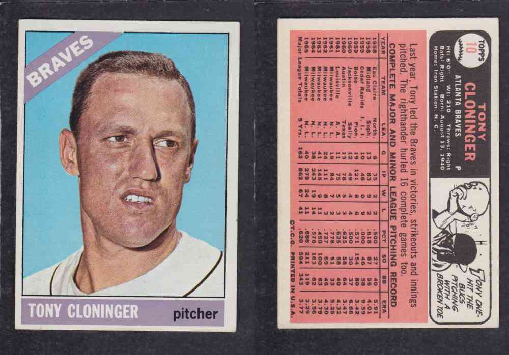 1966 TOPPS BASEBALL CARD #10 T. CLONINGER photo 1966 TOPPS BASEBALL CARD #10 T. CLONINGER photo