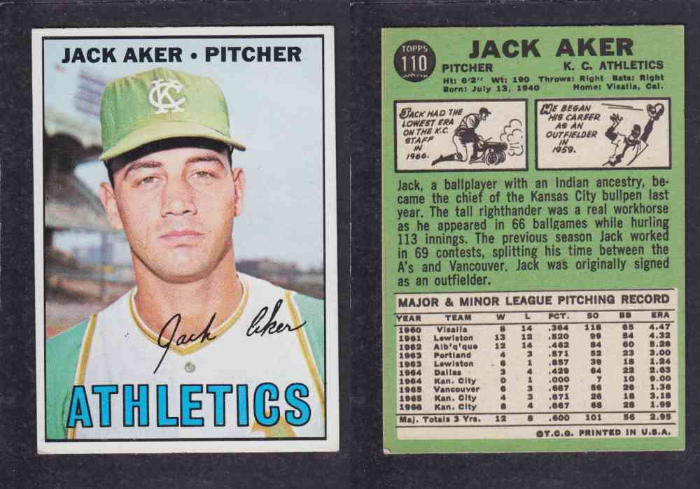 1967 TOPPS BASEBALL CARD #110 J. AKER photo 1967 TOPPS BASEBALL CARD #110 J. AKER photo