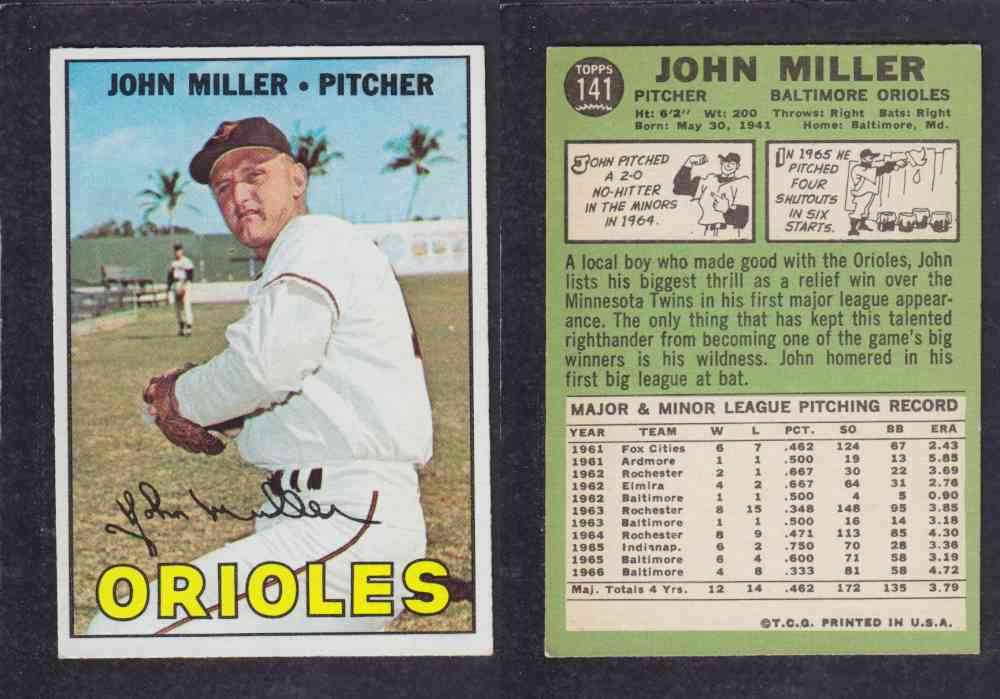 1967 TOPPS BASEBALL CARD #141 J. MILLER photo 1967 TOPPS BASEBALL CARD #141 J. MILLER photo