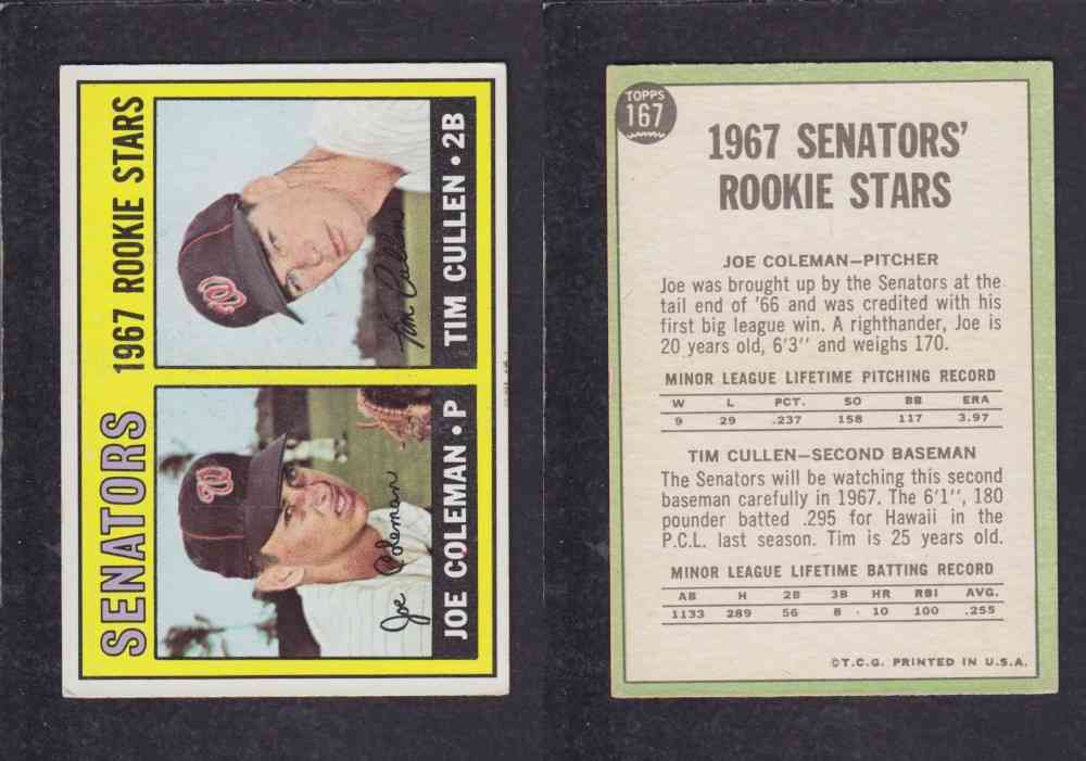 1967 TOPPS BASEBALL CARD #167 SENATORS' ROOKIE STARS photo 1967 TOPPS BASEBALL CARD #167 SENATORS' ROOKIE STARS photo