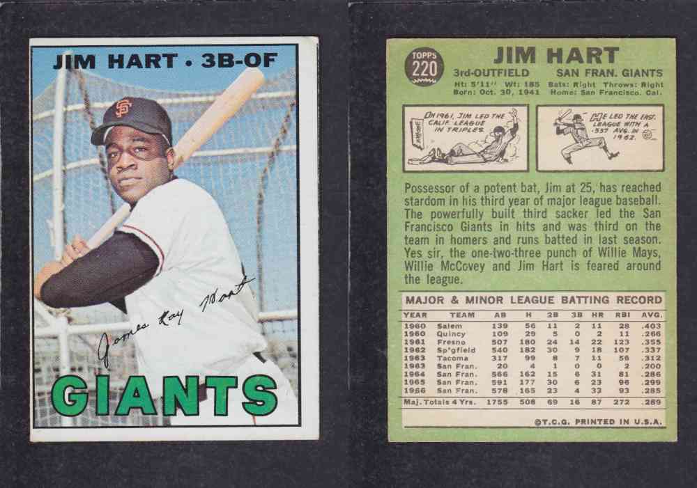 1967 TOPPS BASEBALL CARD #220 J. HART photo 1967 TOPPS BASEBALL CARD #220 J. HART photo