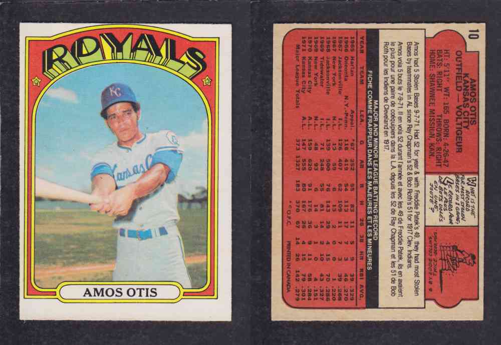 1972 O-PEE-CHEE BASEBALL CARD #10 A. OTIS photo