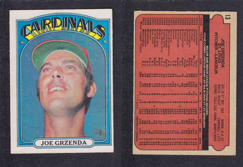 1972 O-PEE-CHEE BASEBALL CARD #13 J. GRZENDA photo 1972 O-PEE-CHEE BASEBALL CARD #13 J. GRZENDA photo