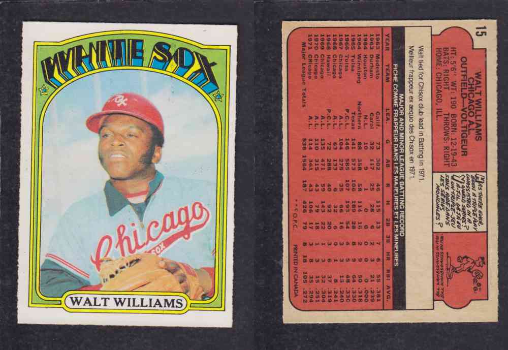 1972 O-PEE-CHEE BASEBALL CARD #15 W. WILLIAMS photo 1972 O-PEE-CHEE BASEBALL CARD #15 W. WILLIAMS photo