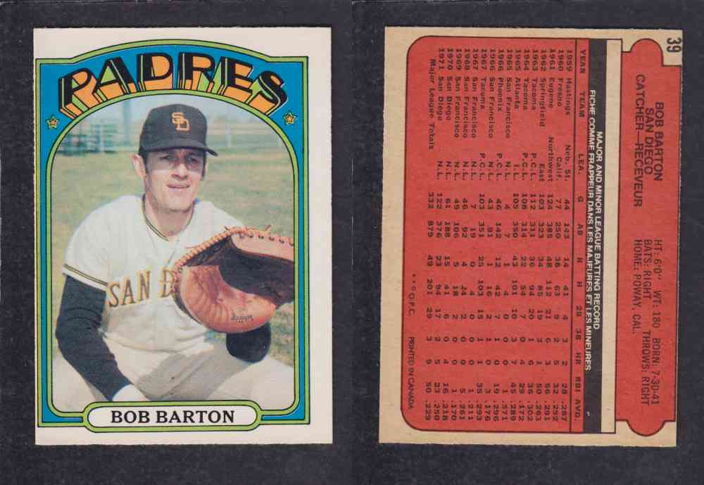 1972 O-PEE-CHEE BASEBALL CARD #39 B. BARTON photo 1972 O-PEE-CHEE BASEBALL CARD #39 B. BARTON photo