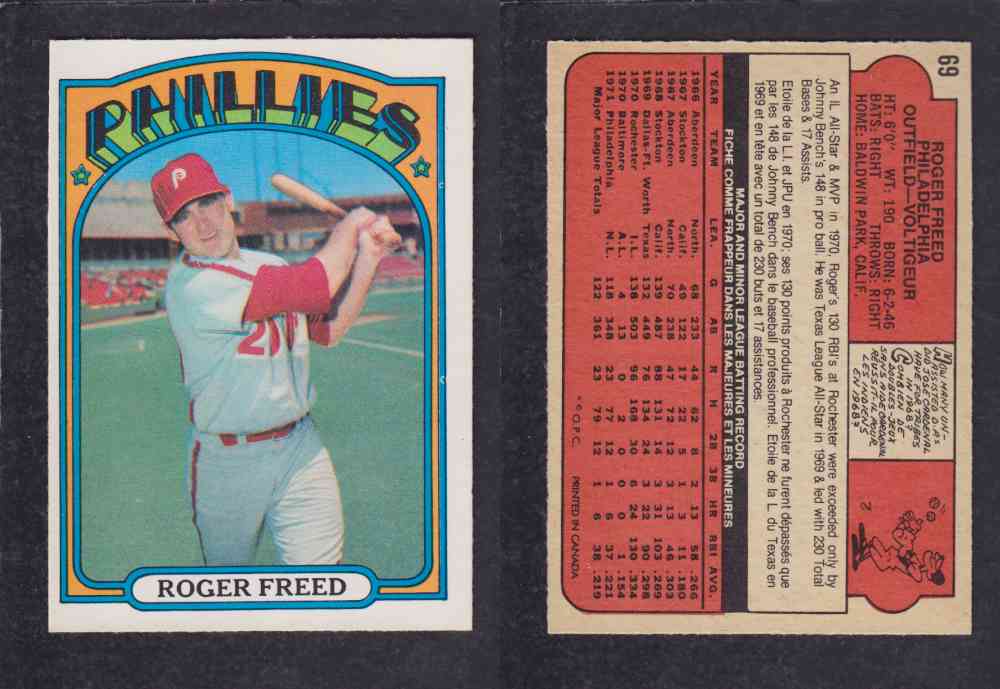1972 O-PEE-CHEE BASEBALL CARD #69 R. FREED photo 1972 O-PEE-CHEE BASEBALL CARD #69 R. FREED photo