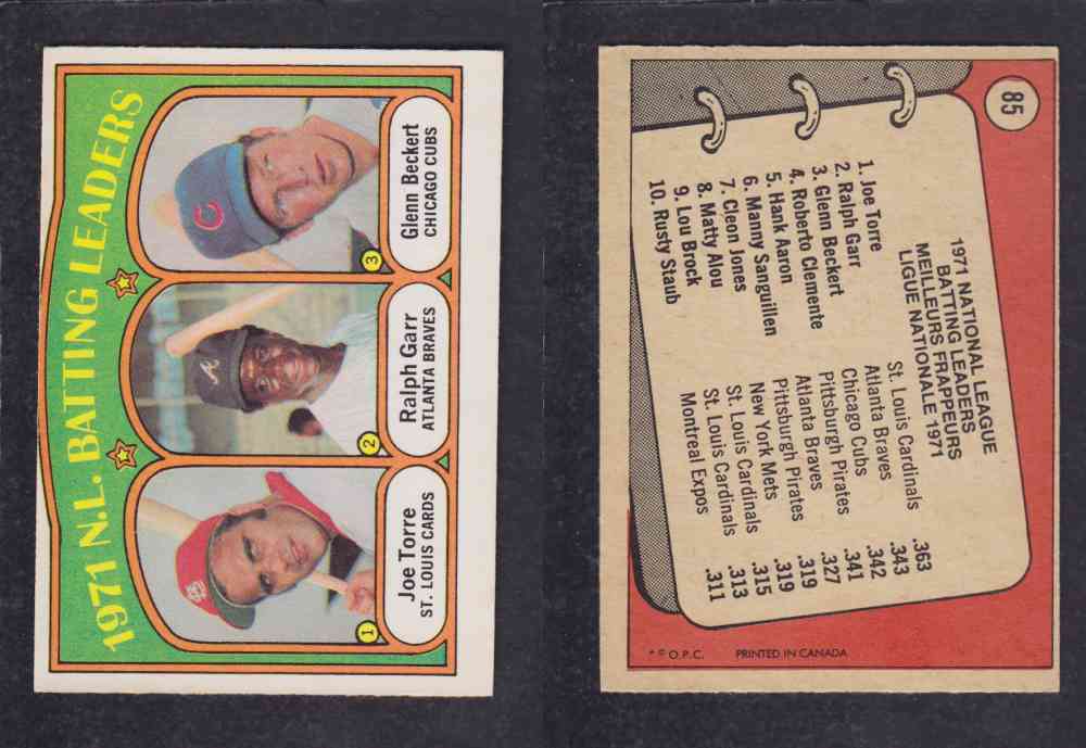 1972 O-PEE-CHEE BASEBALL CARD #85 N.L. BATTING LEADERS photo 1972 O-PEE-CHEE BASEBALL CARD #85 N.L. BATTING LEADERS photo