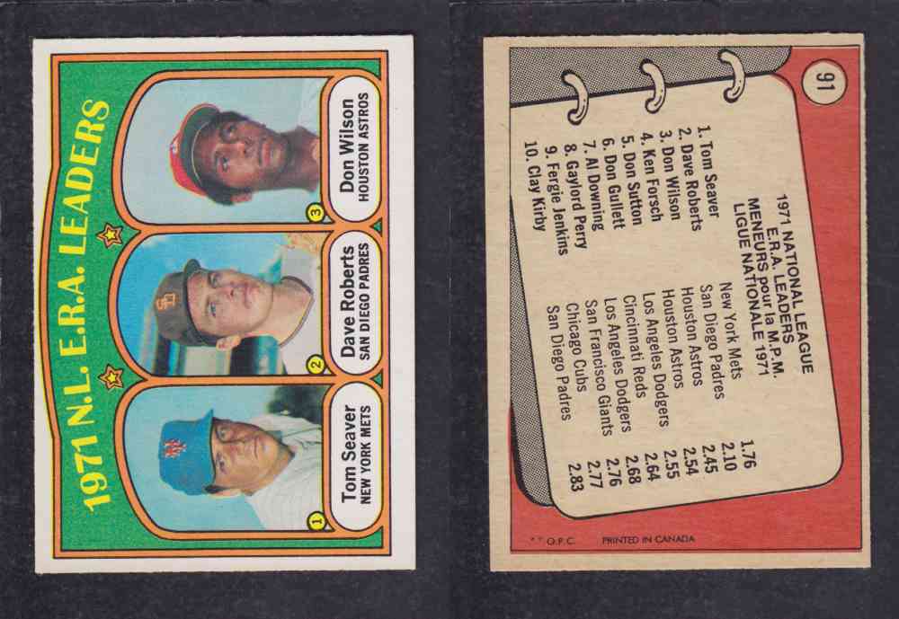 1972 O-PEE-CHEE BASEBALL CARD #91 N.L. E.R.A LEADERS photo 1972 O-PEE-CHEE BASEBALL CARD #91 N.L. E.R.A LEADERS photo