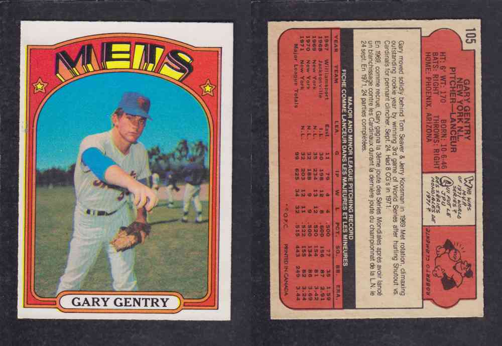 1972 O-PEE-CHEE BASEBALL CARD #105 G. GENTRY photo