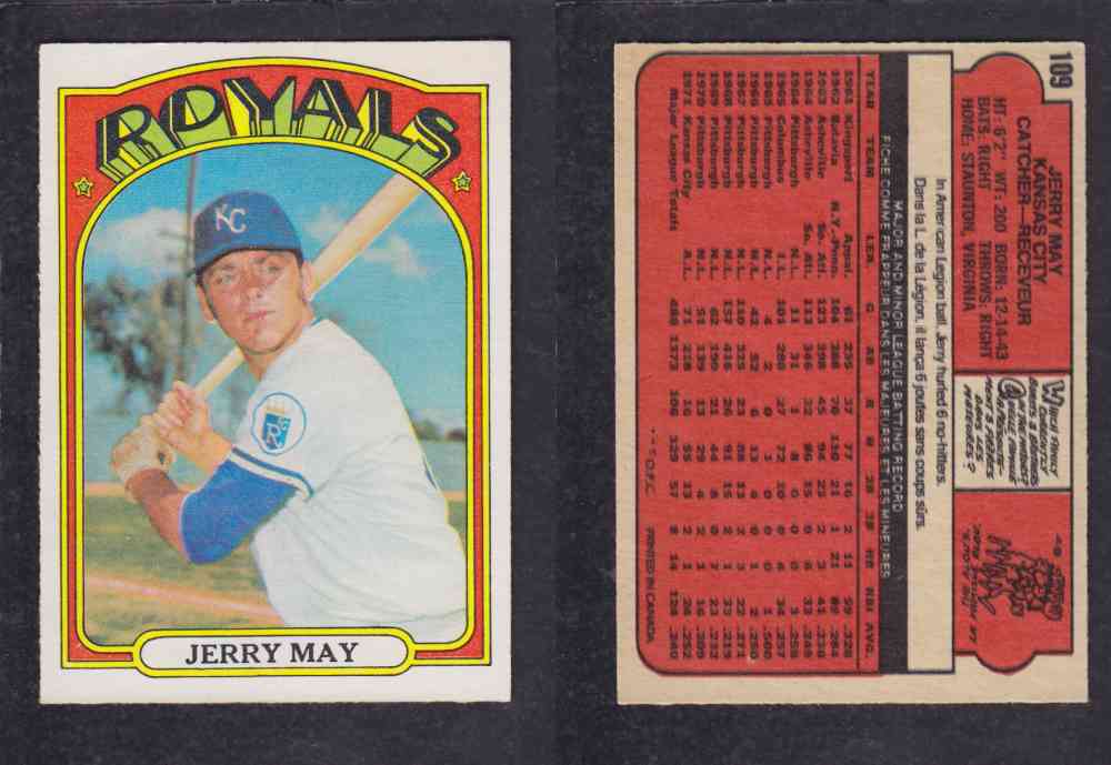 1972 O-PEE-CHEE BASEBALL CARD #109 J. MAY photo 1972 O-PEE-CHEE BASEBALL CARD #109 J. MAY photo
