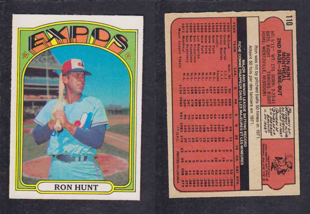 1972 O-PEE-CHEE BASEBALL CARD #110 R. HUNT photo 1972 O-PEE-CHEE BASEBALL CARD #110 R. HUNT photo