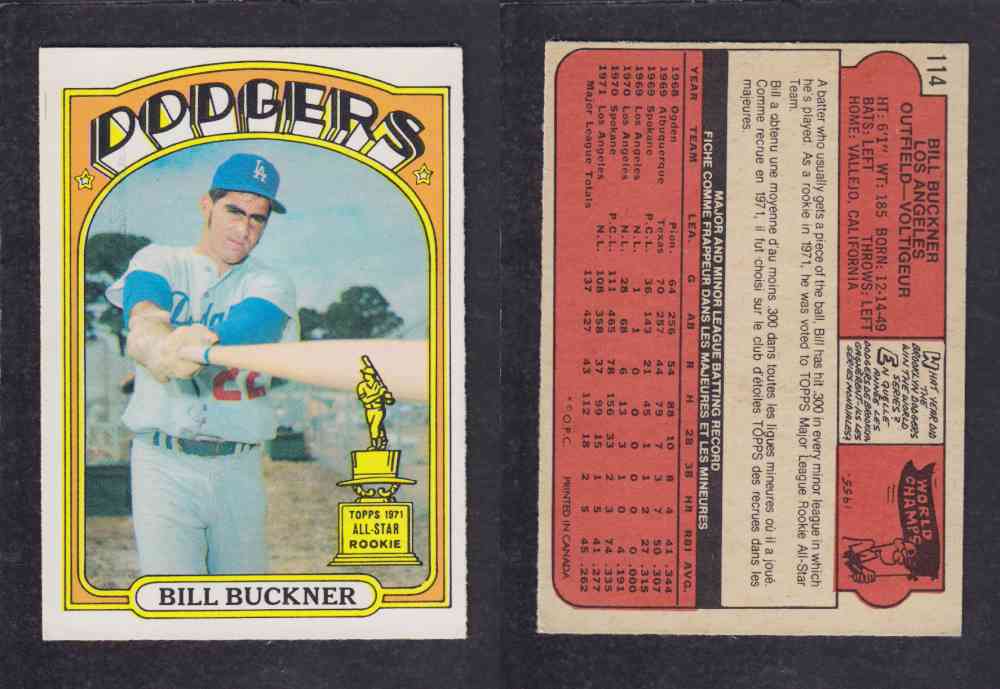 1972 O-PEE-CHEE BASEBALL CARD #114 B. BUCKNER photo 1972 O-PEE-CHEE BASEBALL CARD #114 B. BUCKNER photo