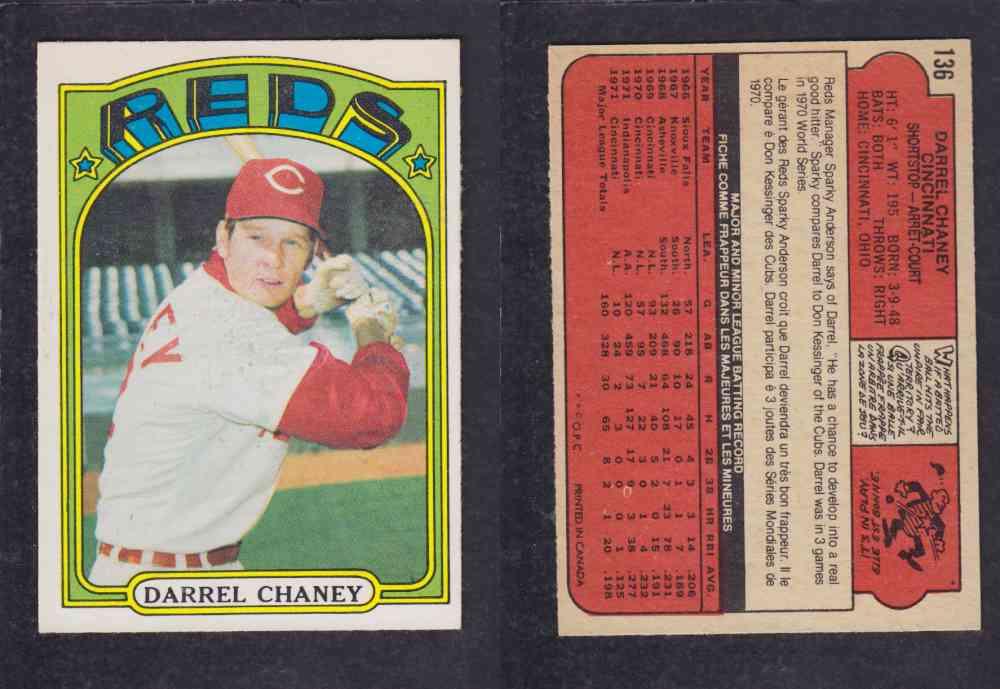 1972 O-PEE-CHEE BASEBALL CARD #136 D, CHANEY photo 1972 O-PEE-CHEE BASEBALL CARD #136 D, CHANEY photo