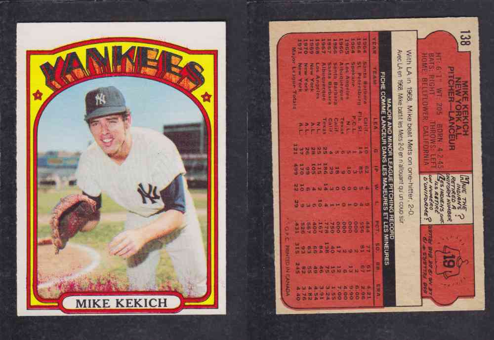1972 O-PEE-CHEE BASEBALL CARD #138 M. KEKICH photo 1972 O-PEE-CHEE BASEBALL CARD #138 M. KEKICH photo