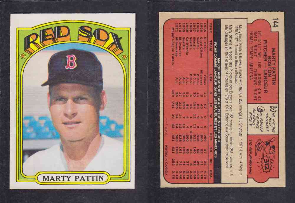 1972 O-PEE-CHEE BASEBALL CARD #144 M. PATTIN photo 1972 O-PEE-CHEE BASEBALL CARD #144 M. PATTIN photo