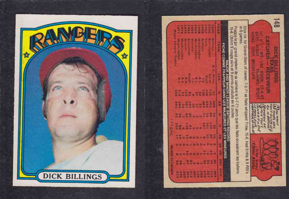1972 O-PEE-CHEE BASEBALL CARD #148 D. BILLINGS photo 1972 O-PEE-CHEE BASEBALL CARD #148 D. BILLINGS photo
