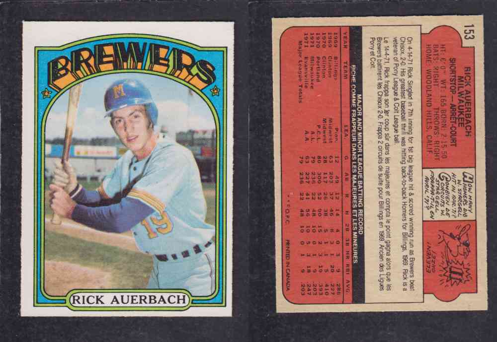 1972 O-PEE-CHEE BASEBALL CARD #153 R. AUERBACH photo 1972 O-PEE-CHEE BASEBALL CARD #153 R. AUERBACH photo