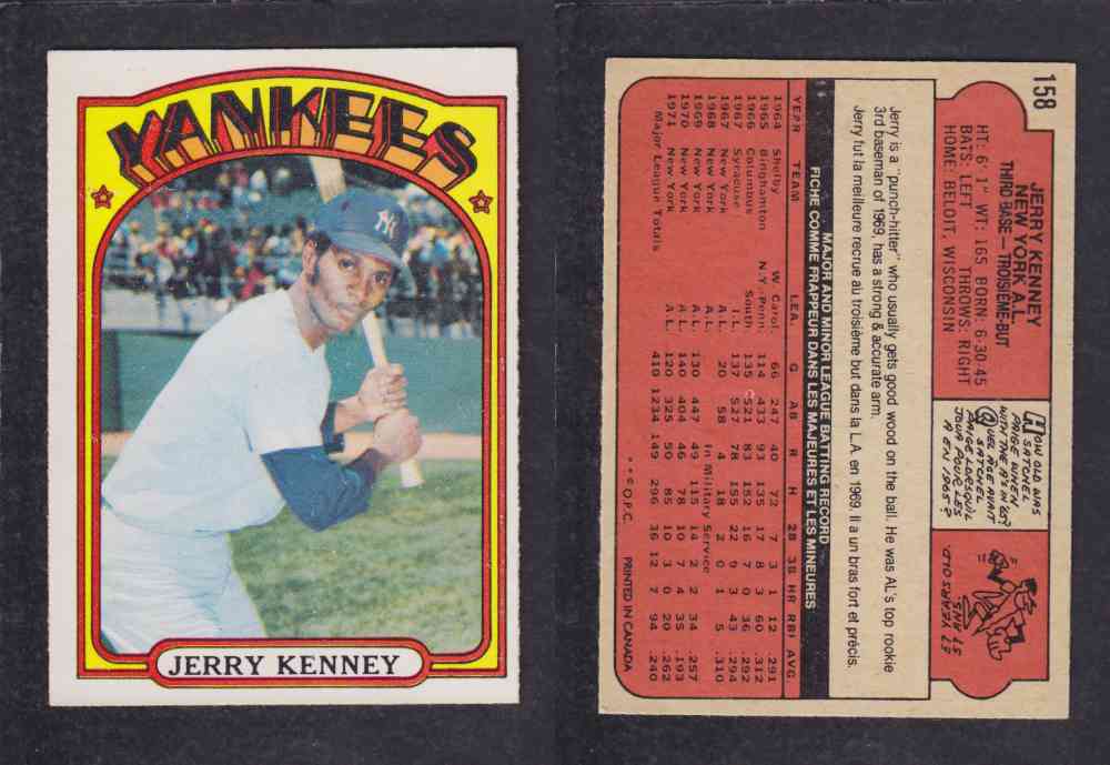 1972 O-PEE-CHEE BASEBALL CARD #158 J. KENNEY photo 1972 O-PEE-CHEE BASEBALL CARD #158 J. KENNEY photo
