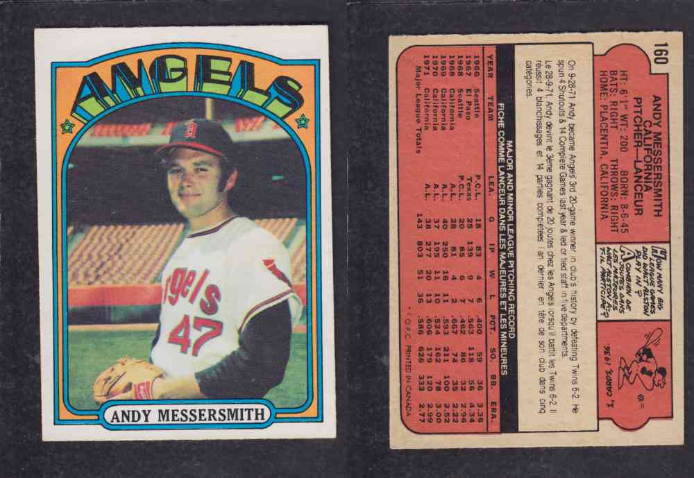 1972 O-PEE-CHEE BASEBALL CARD #160 A. MESSERSMITH photo 1972 O-PEE-CHEE BASEBALL CARD #160 A. MESSERSMITH photo