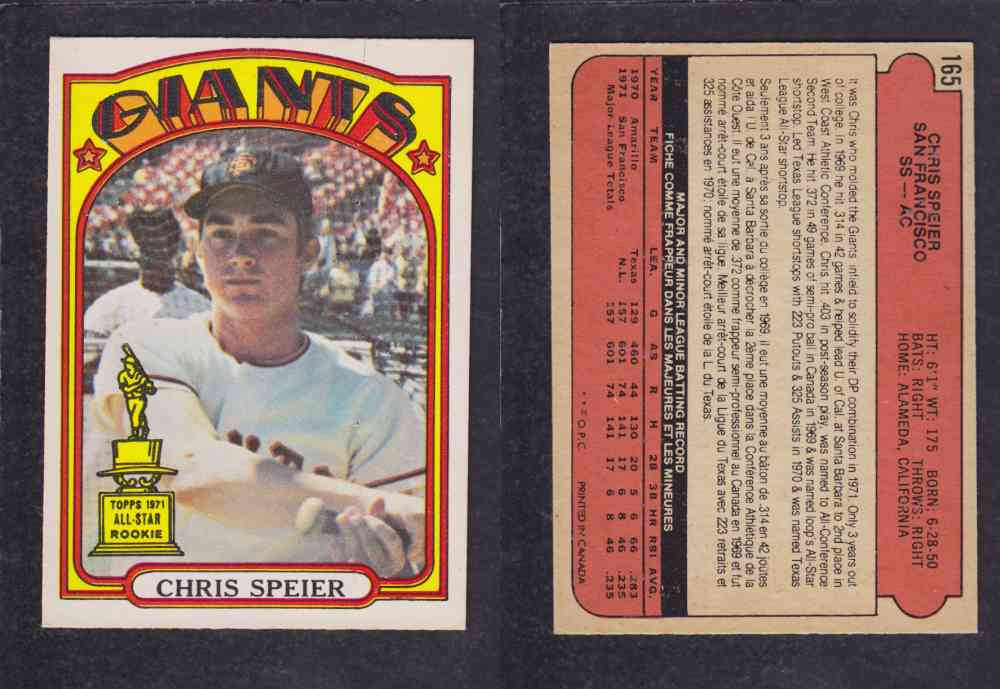 1972 O-PEE-CHEE BASEBALL CARD #165 C. SPEIER photo 1972 O-PEE-CHEE BASEBALL CARD #165 C. SPEIER photo
