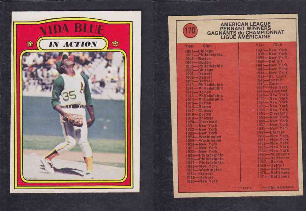 1972 O-PEE-CHEE BASEBALL CARD #170 V. BLUE photo 1972 O-PEE-CHEE BASEBALL CARD #170 V. BLUE photo