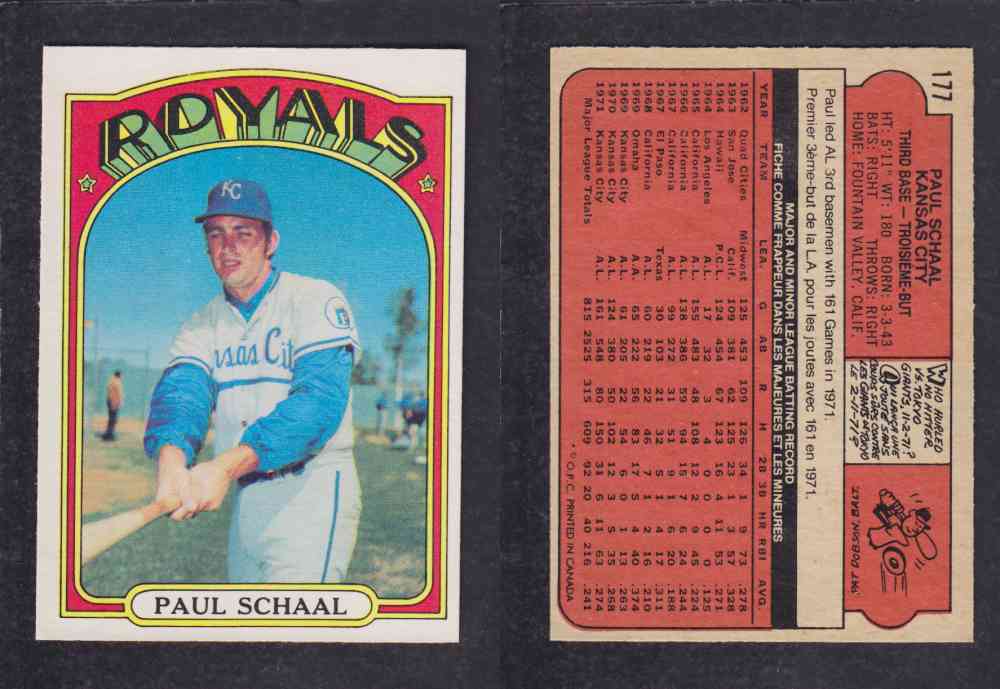 1972 O-PEE-CHEE BASEBALL CARD #177 P. SCHAAL photo 1972 O-PEE-CHEE BASEBALL CARD #177 P. SCHAAL photo