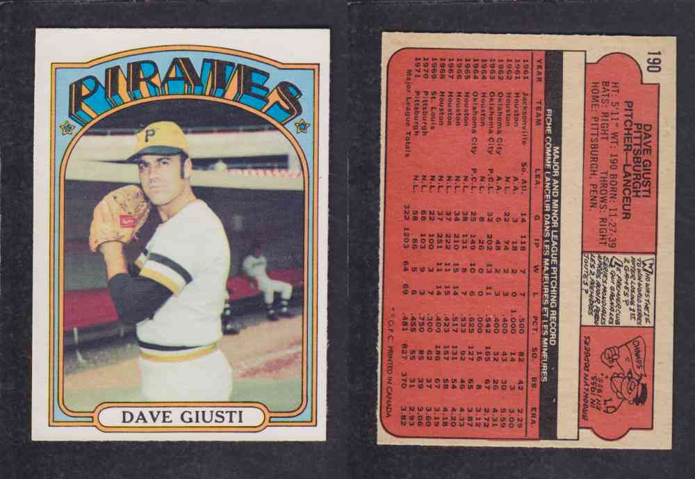 1972 O-PEE-CHEE BASEBALL CARD #190 D. GIUSTI photo 1972 O-PEE-CHEE BASEBALL CARD #190 D. GIUSTI photo