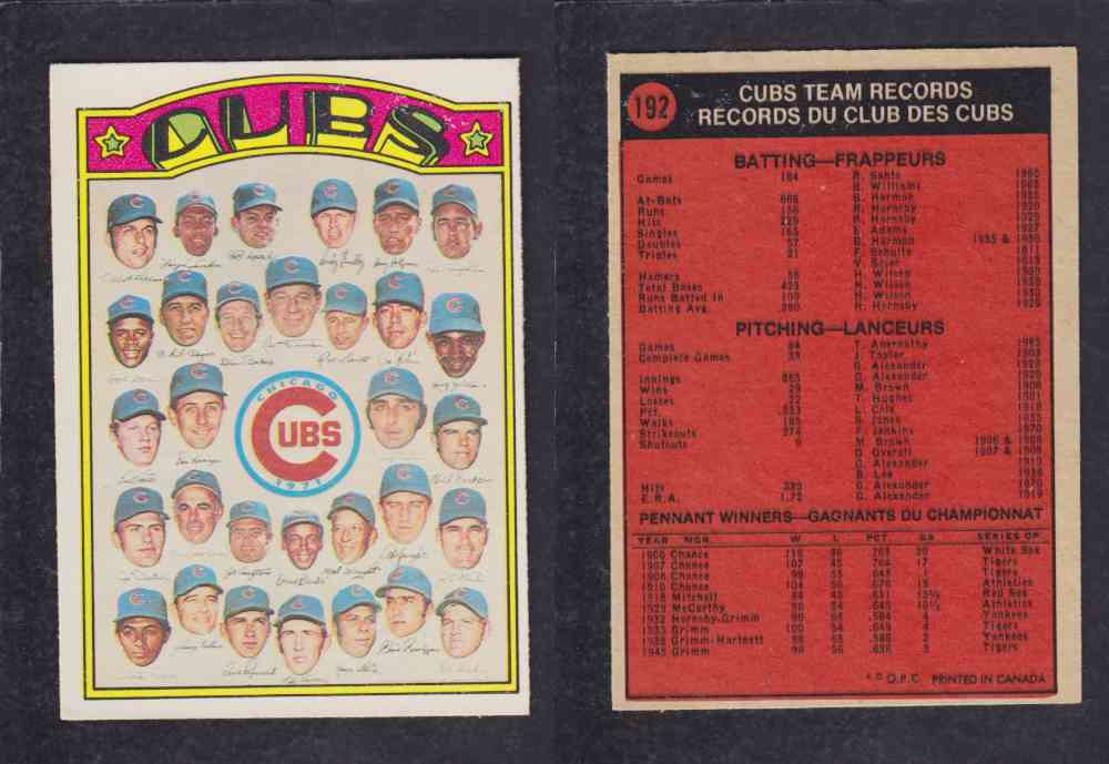 1972 O-PEE-CHEE BASEBALL CARD #192 CUBS TEAM RECORDS photo 1972 O-PEE-CHEE BASEBALL CARD #192 CUBS TEAM RECORDS photo