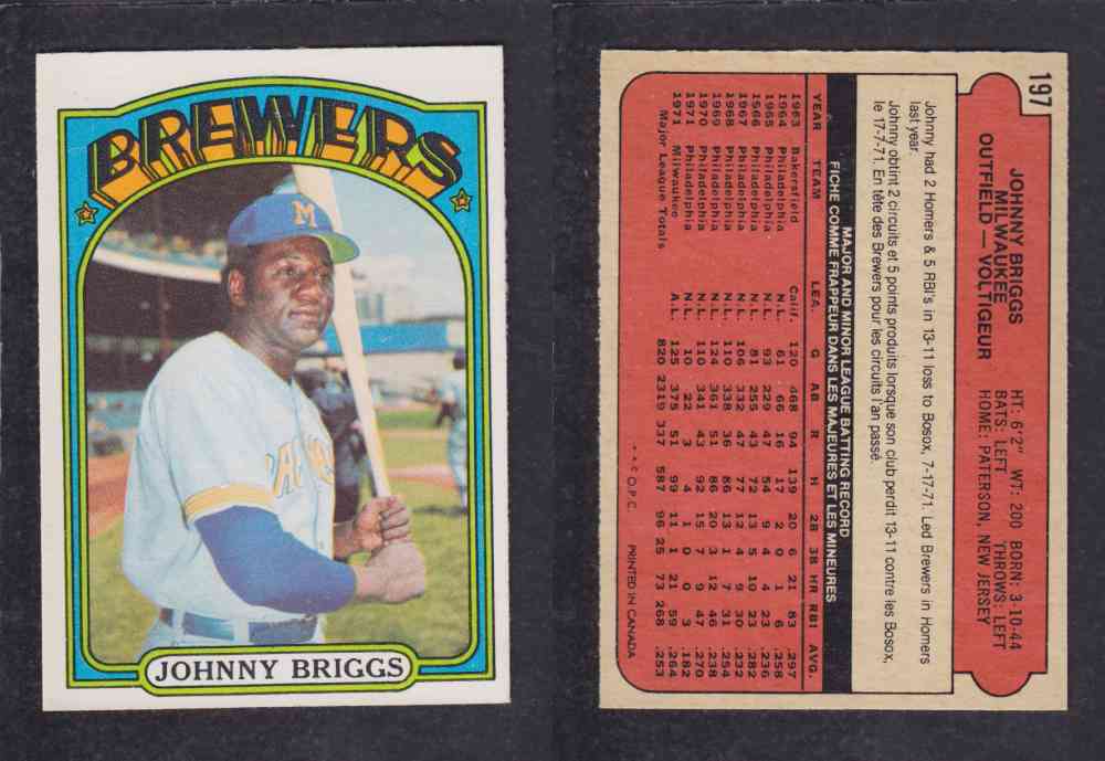 1972 O-PEE-CHEE BASEBALL CARD #197 J. BRIGGS photo 1972 O-PEE-CHEE BASEBALL CARD #197 J. BRIGGS photo