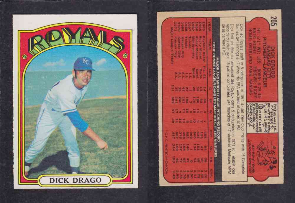 1972 O-PEE-CHEE BASEBALL CARD #205 D. DRAGO photo 1972 O-PEE-CHEE BASEBALL CARD #205 D. DRAGO photo