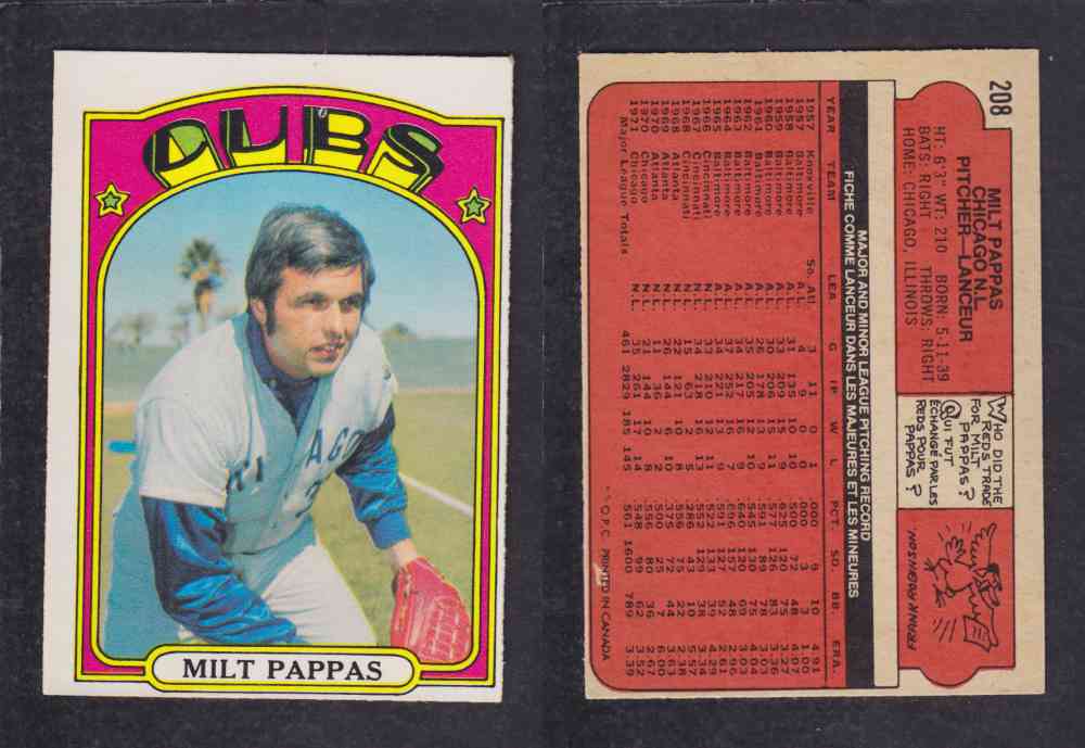1972 O-PEE-CHEE BASEBALL CARD #208 M. PAPPAS photo 1972 O-PEE-CHEE BASEBALL CARD #208 M. PAPPAS photo