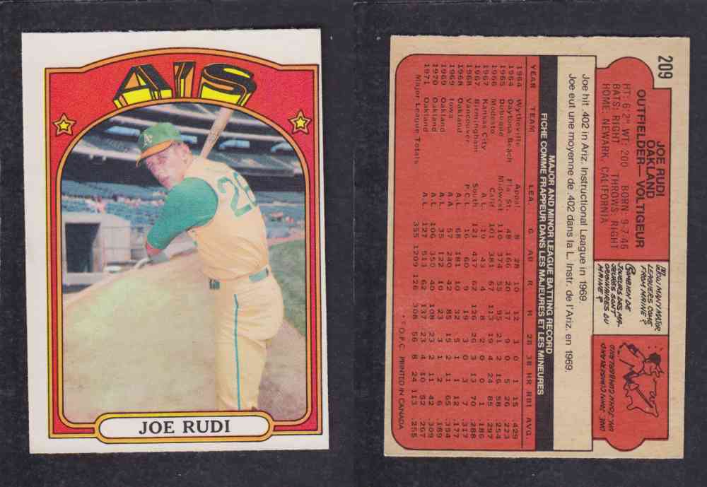 1972 O-PEE-CHEE BASEBALL CARD #209 J. RUDI photo 1972 O-PEE-CHEE BASEBALL CARD #209 J. RUDI photo