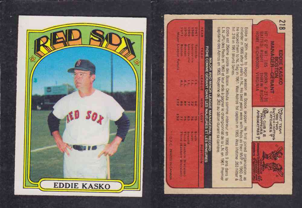 1972 O-PEE-CHEE BASEBALL CARD #218 E. KASKO photo 1972 O-PEE-CHEE BASEBALL CARD #218 E. KASKO photo