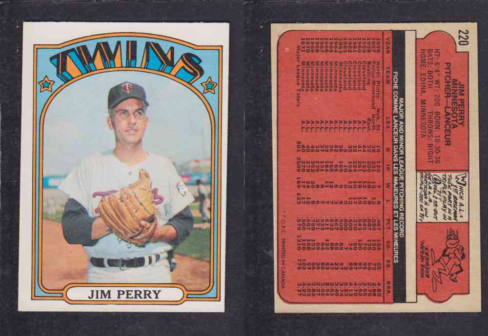 1972 O-PEE-CHEE BASEBALL CARD #220 J. PERRY photo 1972 O-PEE-CHEE BASEBALL CARD #220 J. PERRY photo