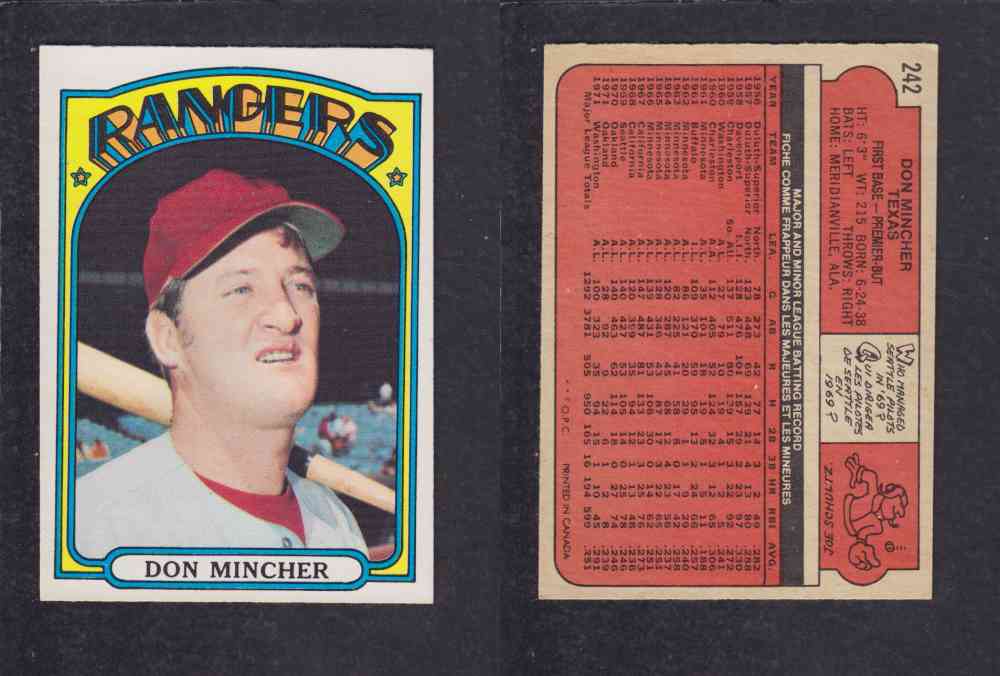 1972 O-PEE-CHEE BASEBALL CARD #242 D. MINCHER photo 1972 O-PEE-CHEE BASEBALL CARD #242 D. MINCHER photo