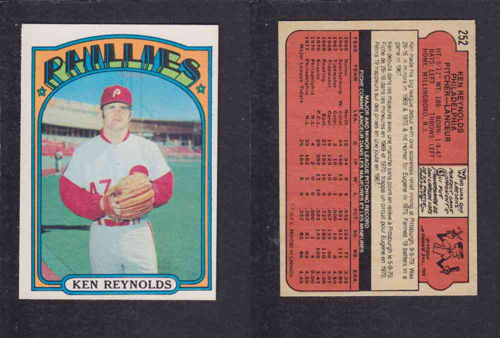 1972 O-PEE-CHEE BASEBALL CARD #252 K. REYNOLDS photo 1972 O-PEE-CHEE BASEBALL CARD #252 K. REYNOLDS photo