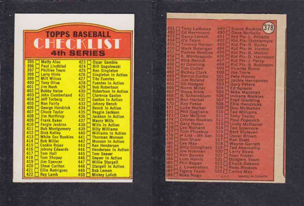 1972 O-PEE-CHEE BASEBALL CARD #378 CHECK LIST photo 1972 O-PEE-CHEE BASEBALL CARD #378 CHECK LIST photo