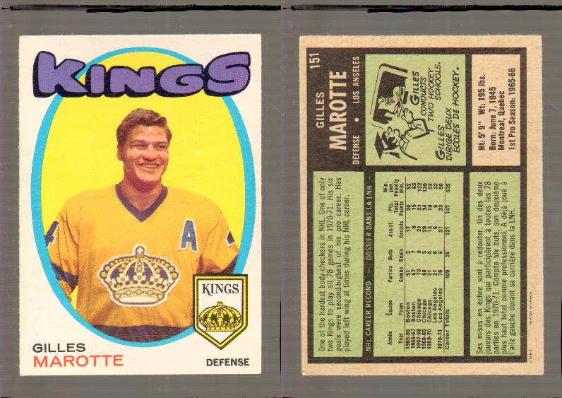 1971-72 O-PEE-CHEE HOCKEY CARD #151 G.MAROTTE photo 1971-72 O-PEE-CHEE HOCKEY CARD #151 G.MAROTTE photo