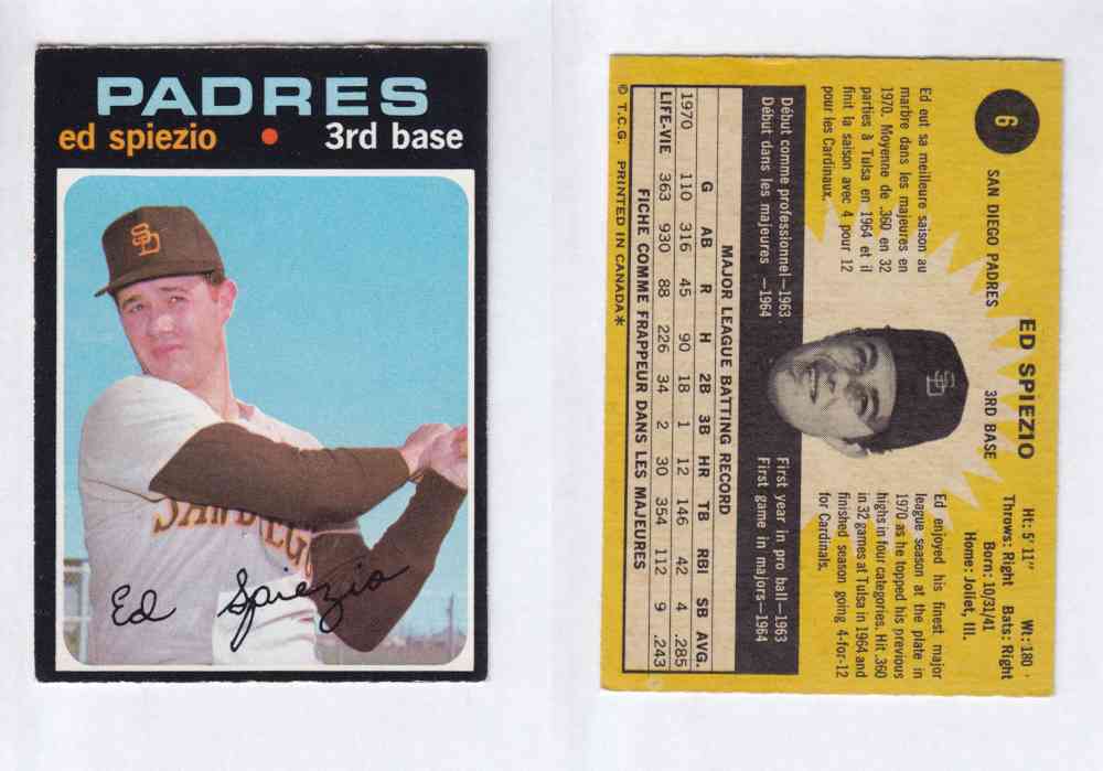 1971 O-PEE-CHEE BASEBALL CARDS #6 E. SPIEZIO photo 1971 O-PEE-CHEE BASEBALL CARDS #6 E. SPIEZIO photo