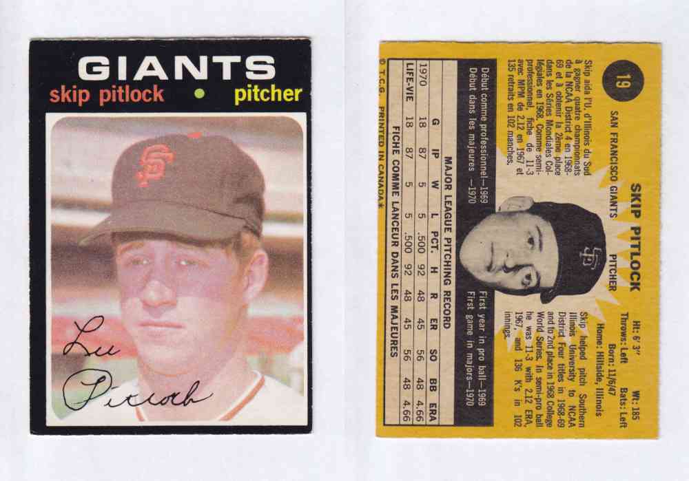 1971 O-PEE-CHEE BASEBALL CARDS #19 S. PITLOCK photo 1971 O-PEE-CHEE BASEBALL CARDS #19 S. PITLOCK photo